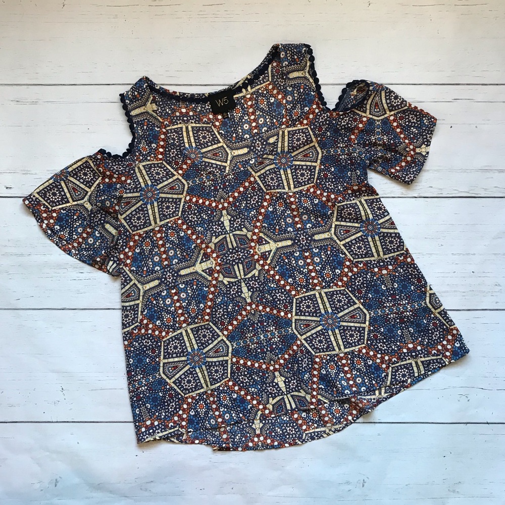 Anthro Navy Patterned Cold Shoulder Top